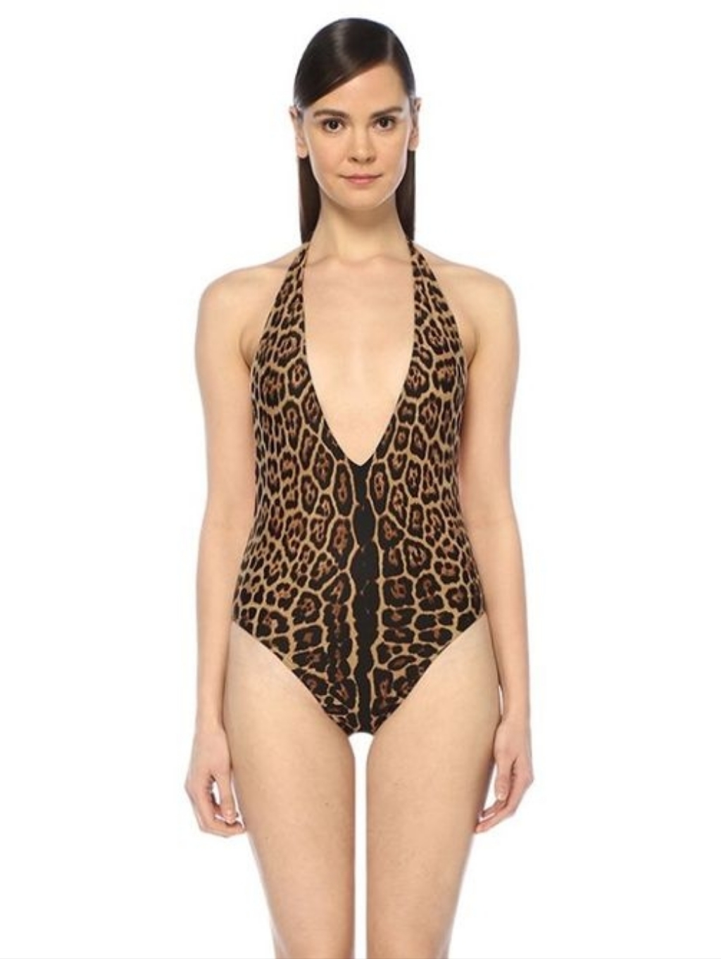 Ysl Leopard Print Deep V One-Piece Swimsuit L